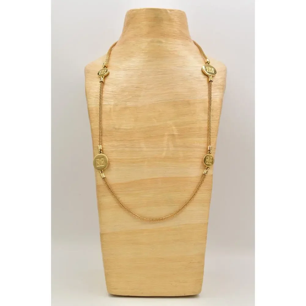 Givenchy Vintage Logo Station Snake Chain Necklace Gold Tone Chunky Signed BinBL